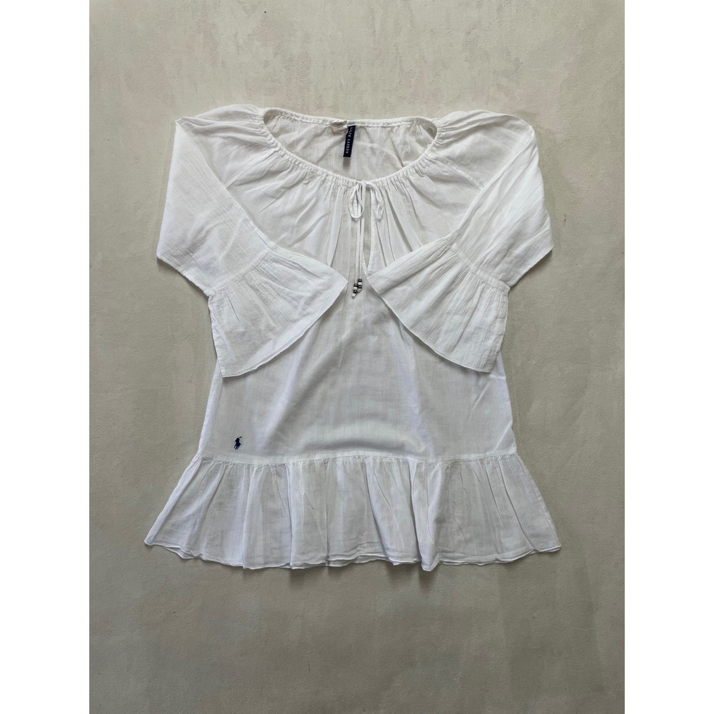 Ralph Lauren White Cotton Peasant Blouse Bell Sleeve Ruffle Hem RL4JG55 Womens M